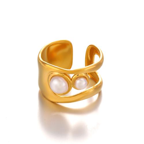 Stainless Steel Finger Ring, 304 Stainless Steel, with Plastic Pearl, 18K gold plated, fashion jewelry & for woman, golden, Sold By PC