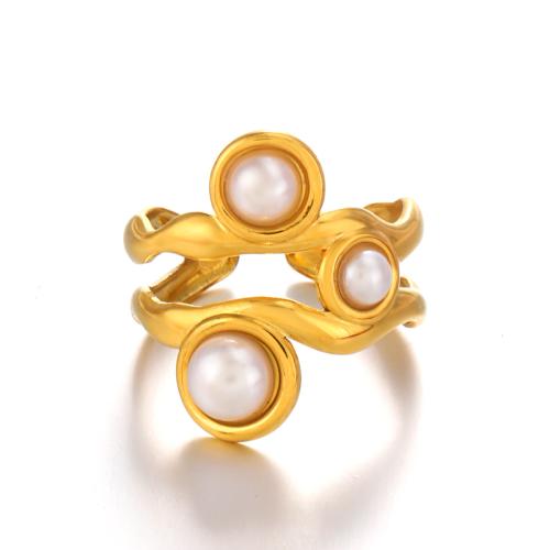 Stainless Steel Finger Ring, 304 Stainless Steel, with Plastic Pearl, fashion jewelry & for woman, golden, Sold By PC