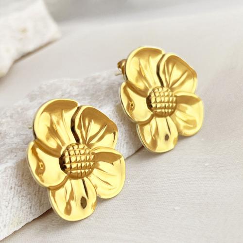 Stainless Steel Stud Earrings, 304 Stainless Steel, Sunflower, 18K gold plated, fashion jewelry & for woman, golden, 26x28mm, Sold By Pair