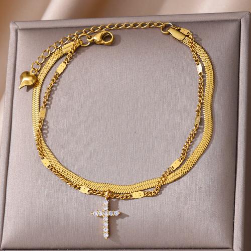 Stainless Steel Anklet, 304 Stainless Steel, Double Layer & different styles for choice & for woman & with rhinestone, golden, Length:Approx 17 cm, Sold By PC