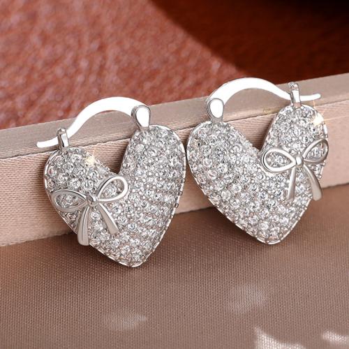 Boucles d'oreilles en laiton zircon cubique pavent, coeur, bijoux de mode & pavé de micro zircon & pour femme, 17x20mm, Vendu par paire