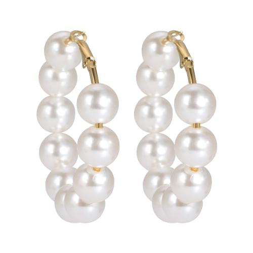 Stainless Steel Hoop Earring, Plastic Pearl, with 304 Stainless Steel, Vacuum Ion Plating, fashion jewelry & for woman, more colors for choice, Sold By Pair