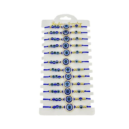 Bracelet Evil Eye bijoux, Nylon polypropylène, avec résine & plastique revêtu de cuivre, fait à la main, 12 pièces & Réglable & pour femme & avec strass, bleu, Longueur:Environ 18-26 cm, Vendu par fixé