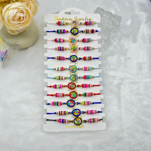 Pulseira de liga de zinco, Nylon polipropileno, with argila de polímero & liga de zinco, Tartaruga, feito à mão, 12 peças & Ajustável & joias de moda & unissex & com strass, multi colorido, comprimento Aprox 18-26 cm, vendido por Defina