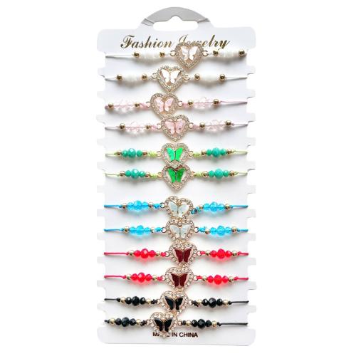 Crystal Bracelets, Polyamide, with Crystal & Tibetan Style, Butterfly, handmade, 12 pieces & Adjustable & fashion jewelry & for woman & with rhinestone, mixed colors, Length:Approx 18-26 cm, Sold By Set