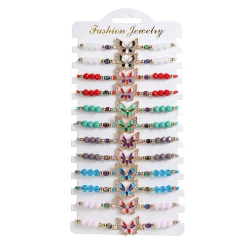 Crystal Bracelets, Polyamide, with Crystal & Tibetan Style, Butterfly, handmade, 12 pieces & Adjustable & fashion jewelry & enamel & with rhinestone, mixed colors, Length:Approx 16-26 cm, Sold By Set