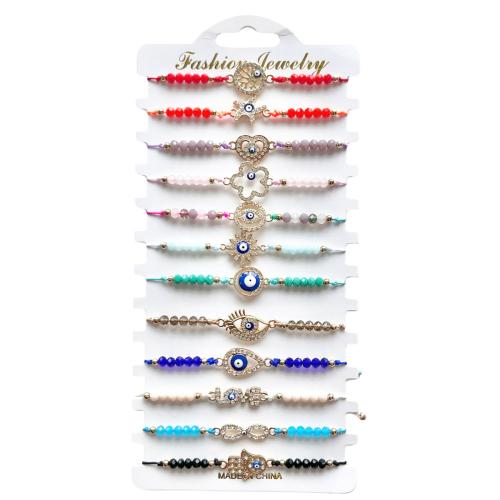 Evil Eye Jewelry Bracelet, Polyamide, with Crystal & Tibetan Style, handmade, 12 pieces & Adjustable & fashion jewelry & enamel & with rhinestone, mixed colors, Length:Approx 18-26 cm, Sold By Set