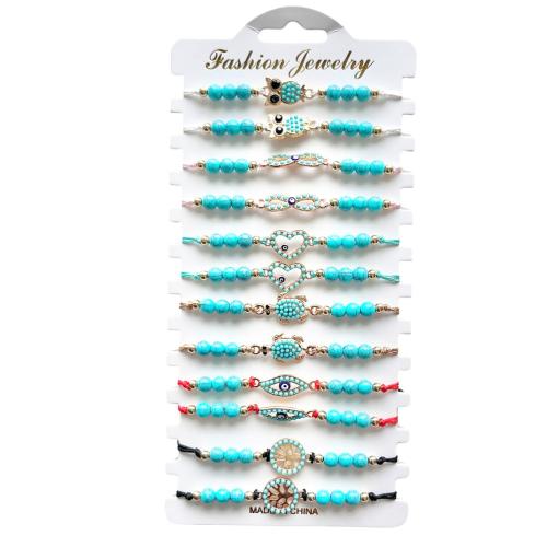 Tibetan Style Bracelet, Polyamide, with turquoise & Tibetan Style, handmade, 12 pieces & Adjustable & fashion jewelry & Unisex, mixed colors, Length:Approx 18-26 cm, Sold By Set