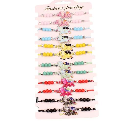 Pulseras de Cristal, Polipropileno Nylon, con Cristal & aleación de zinc, Elefante, hecho a mano, 12 piezas & Ajustable & Joyería & unisexo & esmalte, color mixto, longitud:aproximado 18-26 cm, Vendido por Set