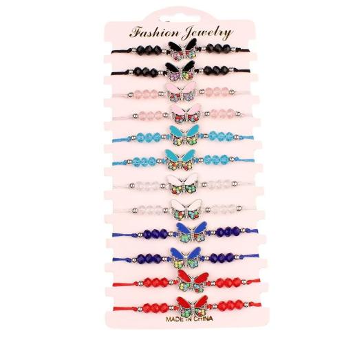 Crystal Bracelets Polyamide with Seedbead & Crystal & Zinc Alloy Butterfly handmade 12 pieces & Adjustable & fashion jewelry & for woman & enamel mixed colors Length Approx 18-26 cm Sold By Set