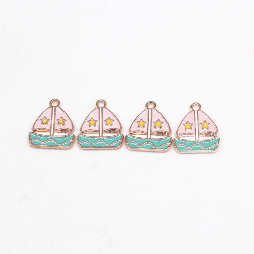 Tibetan Style émail Pendants, alliage de zinc, bateau, Placage de couleur d'or, DIY, rose, 100PC/sac, Vendu par sac