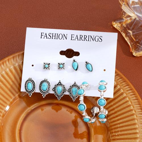 Tibetan Style Drop Earrings, with turquoise, silver color plated, fashion jewelry, silver color, nickel, lead & cadmium free, 5Pairs/Set, Sold By Set