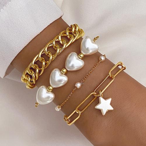 Tibetan Style Bracelet, with Plastic Pearl, gold color plated, fashion jewelry, golden, nickel, lead & cadmium free, 4PCs/Set, Sold By Set