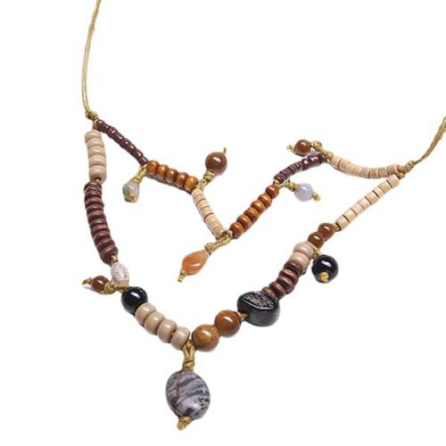 Wood Necklace, with Natural Stone & turquoise & Wax Cord, plated, for woman, brown, Length:Approx 53 cm, Sold By PC