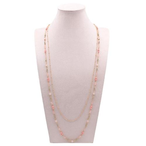 Tibetan Style Sweater Chain Necklace, with Glass Beads & Natural Stone & Copper Coated Plastic, plated, for woman, pink, The length is about 82 and 93 and the extension chain is 5CM, Sold By PC