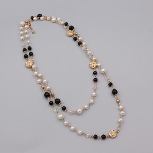 Tibetan Style Sweater Chain Necklace, with Glass Beads & Copper Coated Plastic & Plastic Pearl, with 5CM extender chain, plated, for woman, gold, Length:Approx 99 cm, Sold By PC