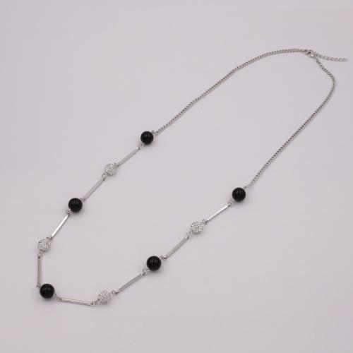 Tibetan Style Sweater Chain Necklace, with Plastic Pearl, with 5CM extender chain, plated, for woman & with rhinestone, silver color, Length:Approx 86 cm, Sold By PC