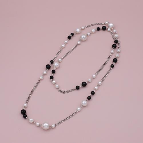 Tibetan Style Sweater Chain Necklace, with Glass Pearl, plated, for woman, silver color, Length:Approx 95 cm, Sold By PC