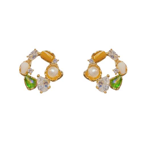 Boucles d'oreilles en laiton zircon cubique pavent, avec pierre gemme & perle de plastique, Plaqué d'or, pavé de micro zircon & pour femme, Or, 16x16mm, Vendu par paire