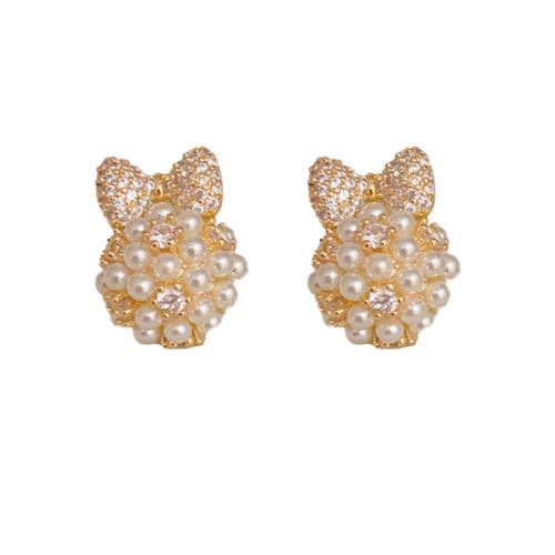 Cubic Zirconia Micro Pave Brass Earring, with Plastic Pearl, real gold plated, micro pave cubic zirconia & for woman, gold, 10x7mm, Sold By Pair