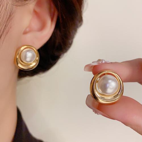 Brass Stud Earring, with Plastic Pearl, real gold plated, for woman, gold, 21x20mm, Sold By Pair