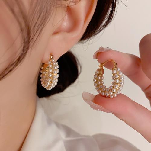 Brass Leverback Earring, with Plastic Pearl, real gold plated, for woman, gold, 26x8mm, Sold By Pair