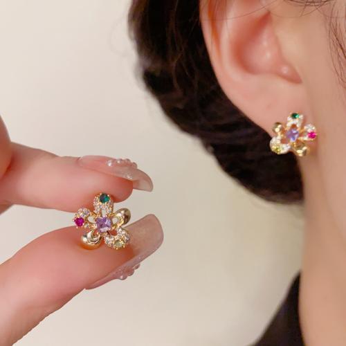 Boucles d'oreilles en laiton zircon cubique pavent, Pétales, Plaqué d'or, pavé de micro zircon & pour femme, Or, 10x10mm, Vendu par paire