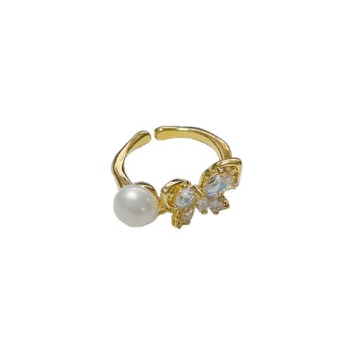 Cúbicos Circonia Micro Pave anillo de latón, metal, con Perlas plásticas, Mariposa, chapado en oro real, micro arcilla de zirconia cúbica & para mujer, más colores para la opción, Vendido por UD