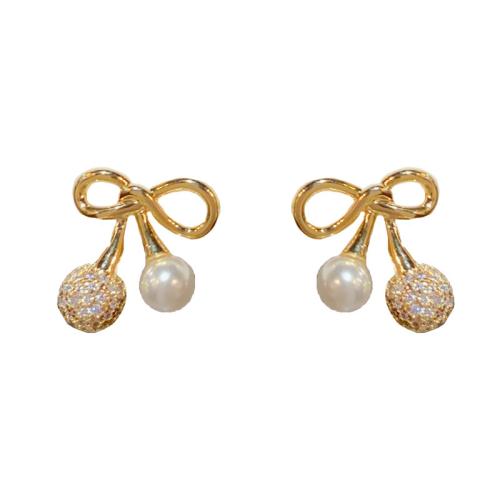 Cubic Zirconia Micro Pave Brass Earring, with Plastic Pearl, Bowknot, real gold plated, micro pave cubic zirconia & for woman, gold, 12x11mm, Sold By Pair