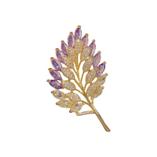 Mode broche smykker, Messing, Leaf, ægte forgyldt, Micro Pave cubic zirconia & for kvinde, guld, 54x28mm, Solgt af PC