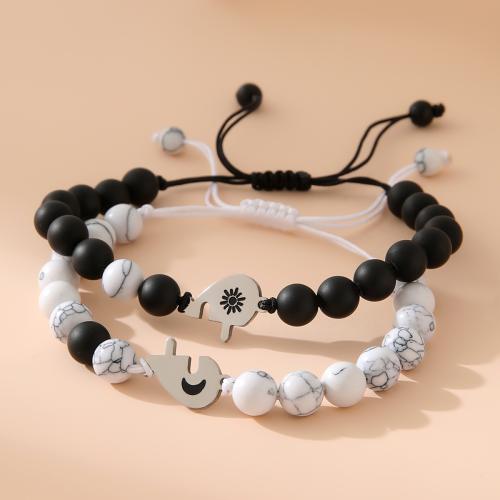 Couple Bracelet and Bangle, 304 Stainless Steel, with Magnesite & Abrazine Stone & Nylon, 2 pieces & Unisex, white and black, Sold By Set