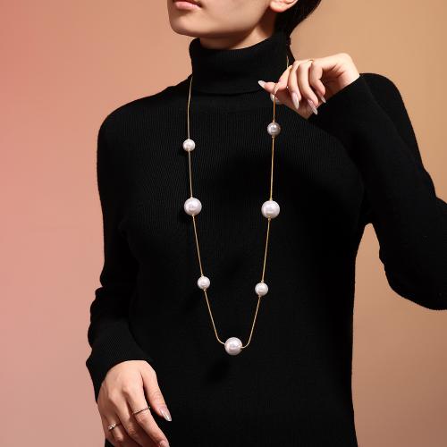 Stainless Steel Chain Sweter Naszyjnik, Stal nierdzewna 304, ze Shell Pearl, dla kobiety, dostępnych więcej kolorów, sprzedane przez PC