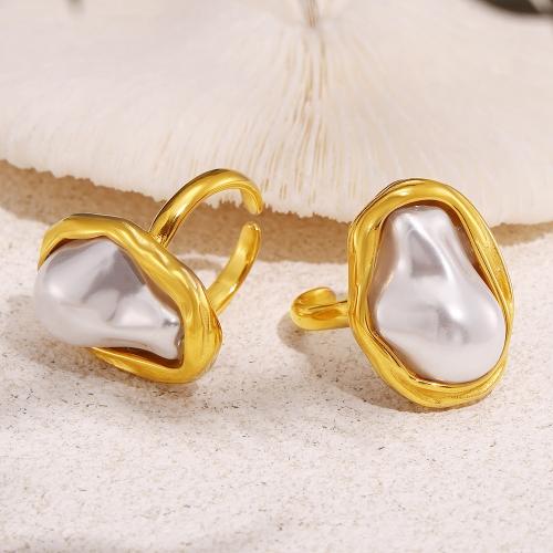 Stainless Steel Finger Ring, 304 Stainless Steel, with Plastic Pearl, irregular, Vacuum Ion Plating, Adjustable & for woman, more colors for choice, Sold By PC