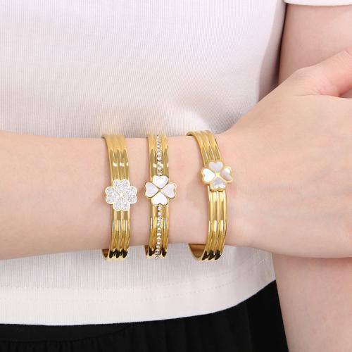 Bracelet en acier inoxydable, Acier inoxydable 304, avec coquille, Trèfle à quatre feuilles, différents matériaux pour le choix & pour femme & avec strass, plus de couleurs à choisir, Vendu par PC