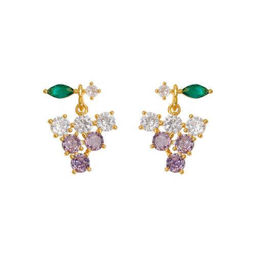 Boucles d'oreilles en laiton zircon cubique pavent, Plaqué or 18K, bijoux de mode & pavé de micro zircon & pour femme, violet, 19x13mm, Vendu par paire