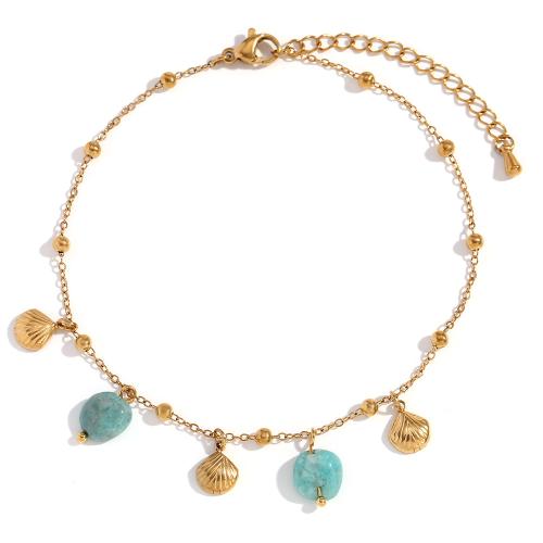 Stainless Steel Anklet, 304 Stainless Steel, with ​Amazonite​, with 5cm extender chain, Shell, 18K gold plated, fashion jewelry & for woman, golden, Sold Per Approx 20 cm Strand