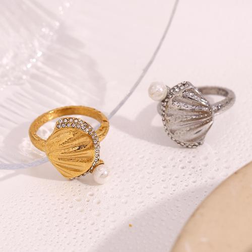 Rhinestone Stainless Steel Finger Ring, 304 Stainless Steel, with Plastic Pearl, Shell, different size for choice & for woman & with rhinestone, more colors for choice, Sold By PC