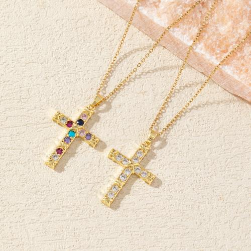 Cubic Zircon Micro Pave Brass Necklace, with 6cm extender chain, Cross, 18K gold plated, fashion jewelry & micro pave cubic zirconia & for woman, golden, 37x21mm, Length:Approx 40 cm, Sold By PC