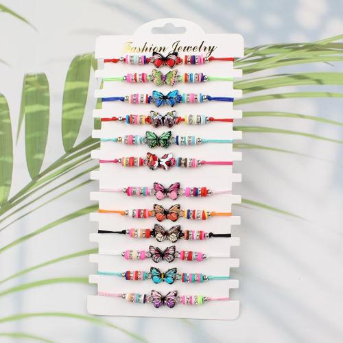 Pulseira de liga de zinco, Nylon polipropileno, with argila de polímero & liga de zinco, Borboleta, feito à mão, 12 peças & Ajustável & joias de moda & para mulher & esmalte, cores misturadas, comprimento Aprox 18-26 cm, vendido por Defina