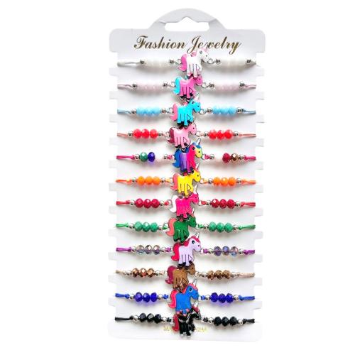 Crystal Bracelets, Polyamide, with Crystal & Tibetan Style, Unicorn, handmade, 12 pieces & Adjustable & fashion jewelry & Unisex & enamel, mixed colors, Length:Approx 18-26 cm, Sold By Set