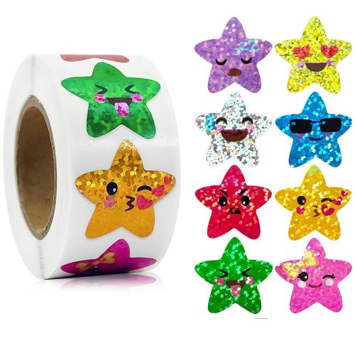 Sticker Paper, Adhesive Sticker, with Copper Printing Paper & Laser Paper, Star, mixed pattern & DIY, mixed colors, 25mm, 500PCs/Spool, Sold By Spool