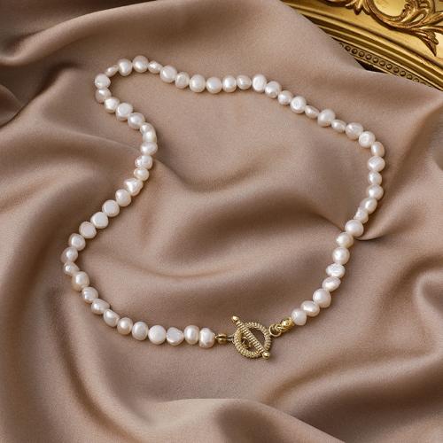 Freshwater Pearl Mässing Chain Necklace, med Mässing, mode smycken, vit, Längd 38 cm, Säljs av PC