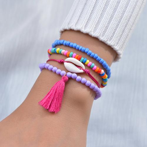 Seedbead Armband, mit Wachsschnur & Muschel, Modeschmuck, gemischte Farben, 4PCs/setzen, verkauft von setzen