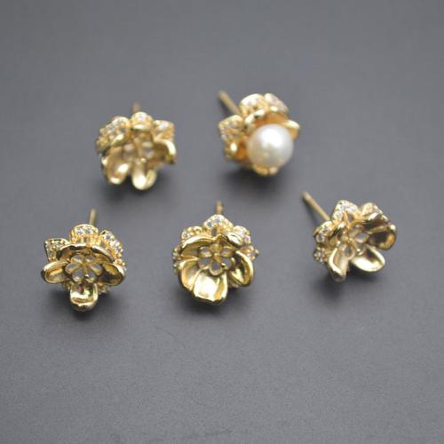 Brass Earring Stud Component, plated, DIY & micro pave cubic zirconia, gold, 8x15mm, Sold By PC