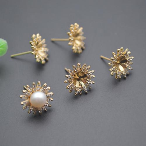 Brass Earring Stud Component, plated, DIY & micro pave cubic zirconia, gold, 11x17mm, Sold By PC