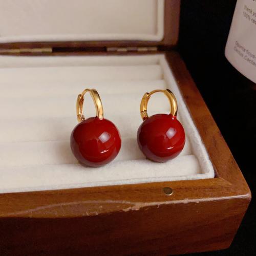 Huggie Hoop Drop Earring, Brass, real gold plated, for woman & enamel, red, 25x16mm, Sold By Pair