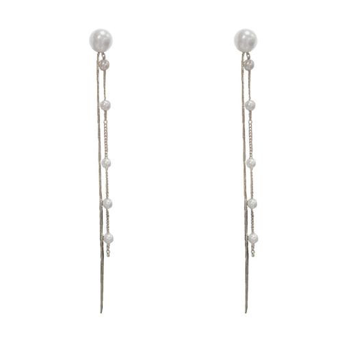 Boucles d'oreilles pendantes en laiton, avec perle de plastique, Plaqué d'or, pour femme, plus de couleurs à choisir, 118x6mm, Vendu par paire