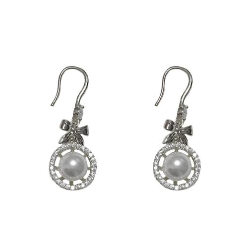 Boucles d'oreilles en laiton zircon cubique pavent, avec perle de plastique, Plaqué d'or, pavé de micro zircon & pour femme, plus de couleurs à choisir, 34x11mm, Vendu par paire