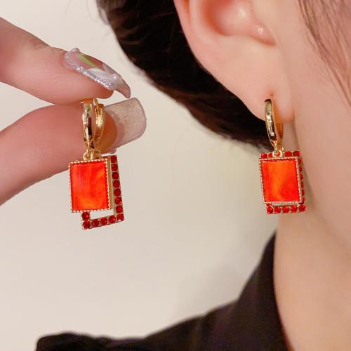 Boucles d'oreilles en laiton zircon cubique pavent, avec planche, Plaqué d'or, pavé de micro zircon & pour femme, rouge, 31x11mm, Vendu par paire