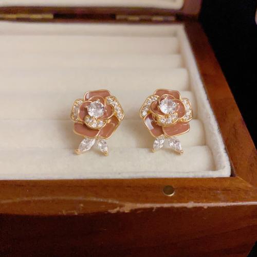 Boucles d'oreilles en laiton zircon cubique pavent, Pétales, Plaqué d'or, pavé de micro zircon & pour femme & émail, plus de couleurs à choisir, 20x15mm, Vendu par paire